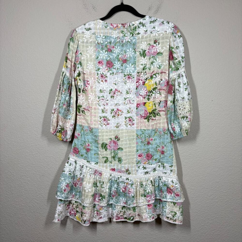 Barok Large Mini Dress Green White Cotton Ruffled Embroidered Balloon Sleeves - Picture 3 of 10